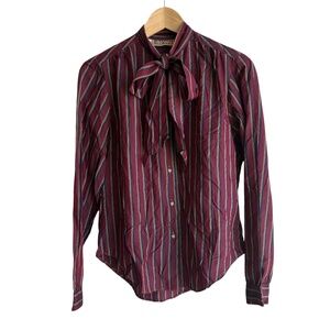 Vintage 80s Justin Lee Limited 100% Silk Bow Tie Blouse Burgundy Stripe‎ Size 8
